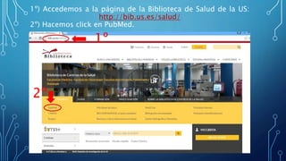 1º) Accedemos a la página de la Biblioteca de Salud de la US:
http://bib.us.es/salud/
2º) Hacemos click en PubMed.
1º
2º
 