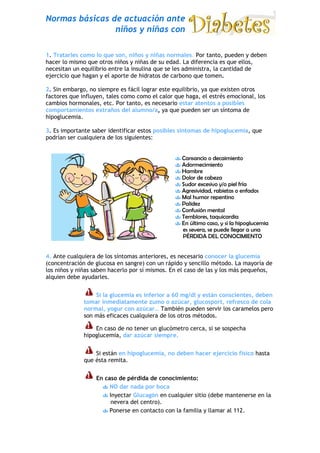 1RUPDV EiVLFDV GH DFWXDFLyQ DQWH
                QLxRV  QLxDV FRQ

   7UDWDUOHV FRPR OR TXH VRQ QLxRV  QLxDV QRUPDOHV 3RU WDQWR SXHGHQ  GHEHQ
KDFHU OR PLVPR TXH RWURV QLxRV  QLxDV GH VX HGDG /D GLIHUHQFLD HV TXH HOORV
QHFHVLWDQ XQ HTXLOLEULR HQWUH OD LQVXOLQD TXH VH OHV DGPLQLVWUD OD FDQWLGDG GH
HMHUFLFLR TXH KDJDQ  HO DSRUWH GH KLGUDWRV GH FDUERQR TXH WRPHQ

   6LQ HPEDUJR QR VLHPSUH HV IiFLO ORJUDU HVWH HTXLOLEULR D TXH H[LVWHQ RWURV
IDFWRUHV TXH LQIOXHQ WDOHV FRPR FRPR HO FDORU TXH KDJD HO HVWUpV HPRFLRQDO ORV
FDPELRV KRUPRQDOHV HWF 3RU WDQWR HV QHFHVDULR HVWDU DWHQWRV D SRVLEOHV
FRPSRUWDPLHQWRV H[WUDxRV GHO DOXPQR D D TXH SXHGHQ VHU XQ VtQWRPD GH
KLSRJOXFHPLD

  (V LPSRUWDQWH VDEHU LGHQWLILFDU HVWRV SRVLEOHV VtQWRPDV GH KLSRJOXFHPLD TXH
SRGUtDQ VHU FXDOTXLHUD GH ORV VLJXLHQWHV


                                                 &DQVDQFLR R GHFDLPLHQWR
                                                 $GRUPHFLPLHQWR
                                                 +DPEUH
                                                 'RORU GH FDEH]D
                                                 6XGRU H[FHVLYR  R SLHO IUtD
                                                 $JUHVLYLGDG UDELHWDV R HQIDGRV
                                                 0DO KXPRU UHSHQWLQR
                                                 3DOLGH]
                                                 &RQIXVLyQ PHQWDO
                                                 7HPEORUHV WDTXLFDUGLD
                                                 (Q ~OWLPR FDVR  VL OD KLSRJOXFHPLD
                                                 HV VHYHUD VH SXHGH OOHJDU D XQD
                                                 3e5','$ '(/ &212&,0,(172


   $QWH FXDOTXLHUD GH ORV VtQWRPDV DQWHULRUHV HV QHFHVDULR FRQRFHU OD JOXFHPLD
 FRQFHQWUDFLyQ GH JOXFRVD HQ VDQJUH FRQ XQ UiSLGR  VHQFLOOR PpWRGR /D PDRUtD GH
ORV QLxRV  QLxDV VDEHQ KDFHUOR SRU Vt PLVPRV (Q HO FDVR GH ODV  ORV PiV SHTXHxRV
DOTXLHQ GHEH DXGDUOHV


                 6L OD JOXFHPLD HV LQIHULRU D    PJ GO  HVWiQ FRQVFLHQWHV GHEHQ
             WRPDU LQPHGLDWDPHQWH ]XPR R D]~FDU JOXFRVSRUW UHIUHVFR GH FROD
             QRUPDO RJXU FRQ D]~FDU« 7DPELpQ SXHGHQ VHUYLU ORV FDUDPHORV SHUR
             VRQ PiV HILFDFHV FXDOTXLHUD GH ORV RWURV PpWRGRV

                 (Q FDVR GH QR WHQHU XQ JOXFyPHWUR FHUFD VL VH VRVSHFKD
             KLSRJOXFHPLD GDU D]~FDU VLHPSUH


                 6L HVWiQ HQ KLSRJOXFHPLD QR GHEHQ KDFHU HMHUFLFLR ItVLFR KDVWD
             TXH pVWD UHPLWD


                  (Q FDVR GH SpUGLGD GH FRQRFLPLHQWR
                       12 GDU QDGD SRU ERFD
                       ,QHFWDU *OXFDJyQ HQ FXDOTXLHU VLWLR GHEH PDQWHQHUVH HQ OD
                        QHYHUD GHO FHQWUR
                       3RQHUVH HQ FRQWDFWR FRQ OD IDPLOLD  OODPDU DO
 