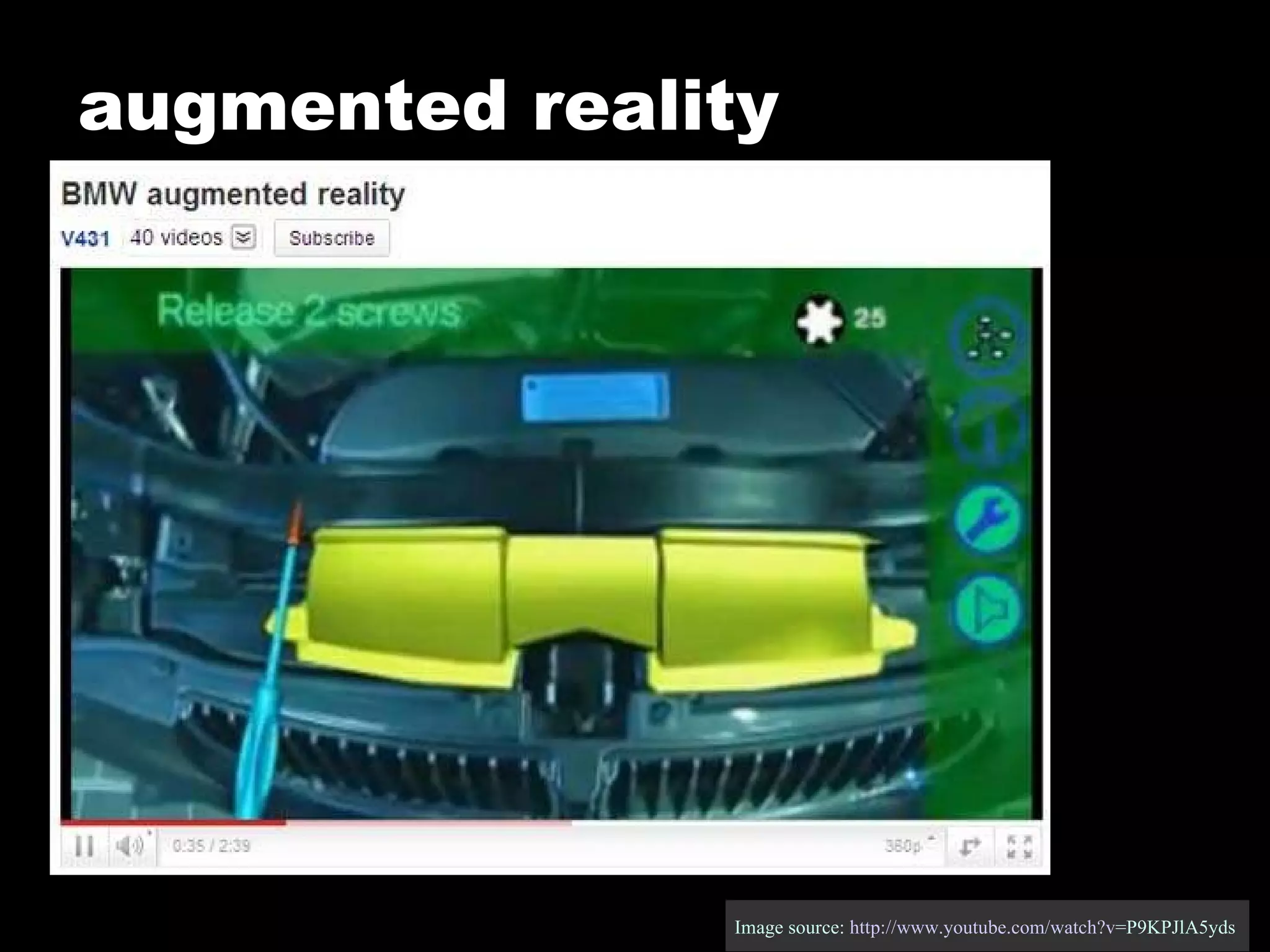 augmented reality Image source:  http:// www.youtube.com/watch?v =P9KPJlA5yds   