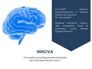 »Il cervello è neurologicamente strutturato
per individuare stimoli nuovi».
INNOVA
Le“novità” attivano
automaticamente il sistema
limbico ed una sorta
di “save button”.
Qualsiasi elemento insolito,
idea, prospettiva, modo di
presentare nuovo, stimola
l’apprendimento.
 