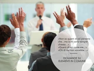 «Non so quanti di voi pensano
che…ma io mi sono sempre
chiesta…»
«Quanti di voi come me…»
«Chi di noi non vorrebbe…»
DOMANDE SU
ELEMENTI IN COMUNE
 