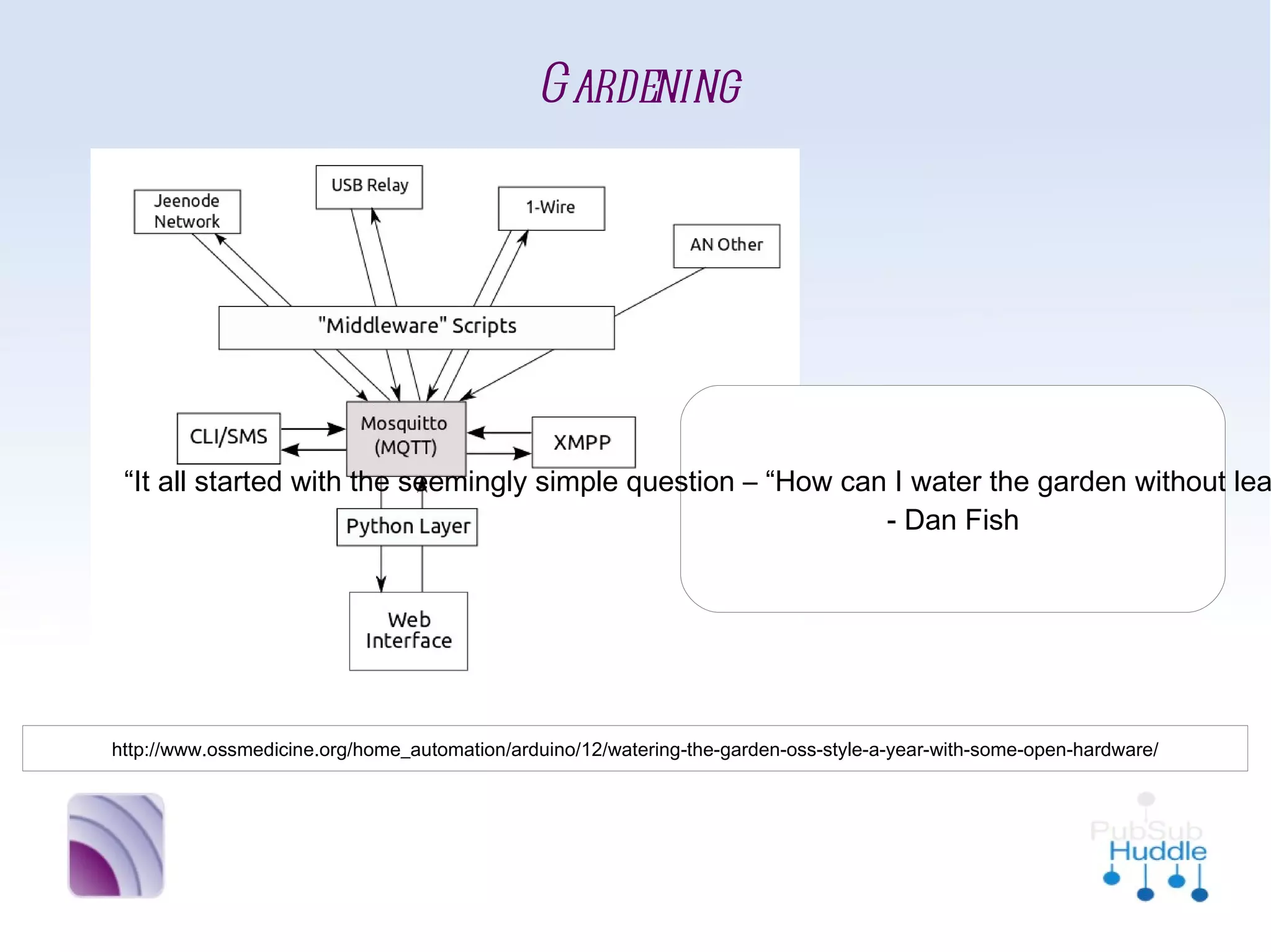 Gardening




                                                                 “It all started with the seemingly
                                                                simple question – “How can I water
                                                                  the garden without leaving my
                                                                 laptop/phone/sofa using tech?””
                                                                               - Dan Fish




http://www.ossmedicine.org/home_automation/arduino/12/watering-the-garden-oss-style-a-year-with-some-open-hardware/
 