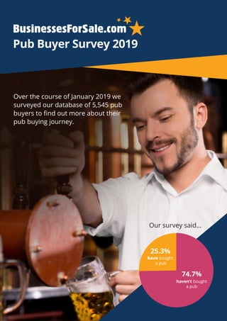 1 | BusinessesForSale.com Pub Buyer Survey 2019
Pub Buyer Survey 2019
Over the course of January 2019 we
surveyed our database of 5,545 pub
buyers to find out more about their
pub buying journey.
25.3%
74.7%
have bought
a pub
haven’t bought
a pub
Our survey said…
 