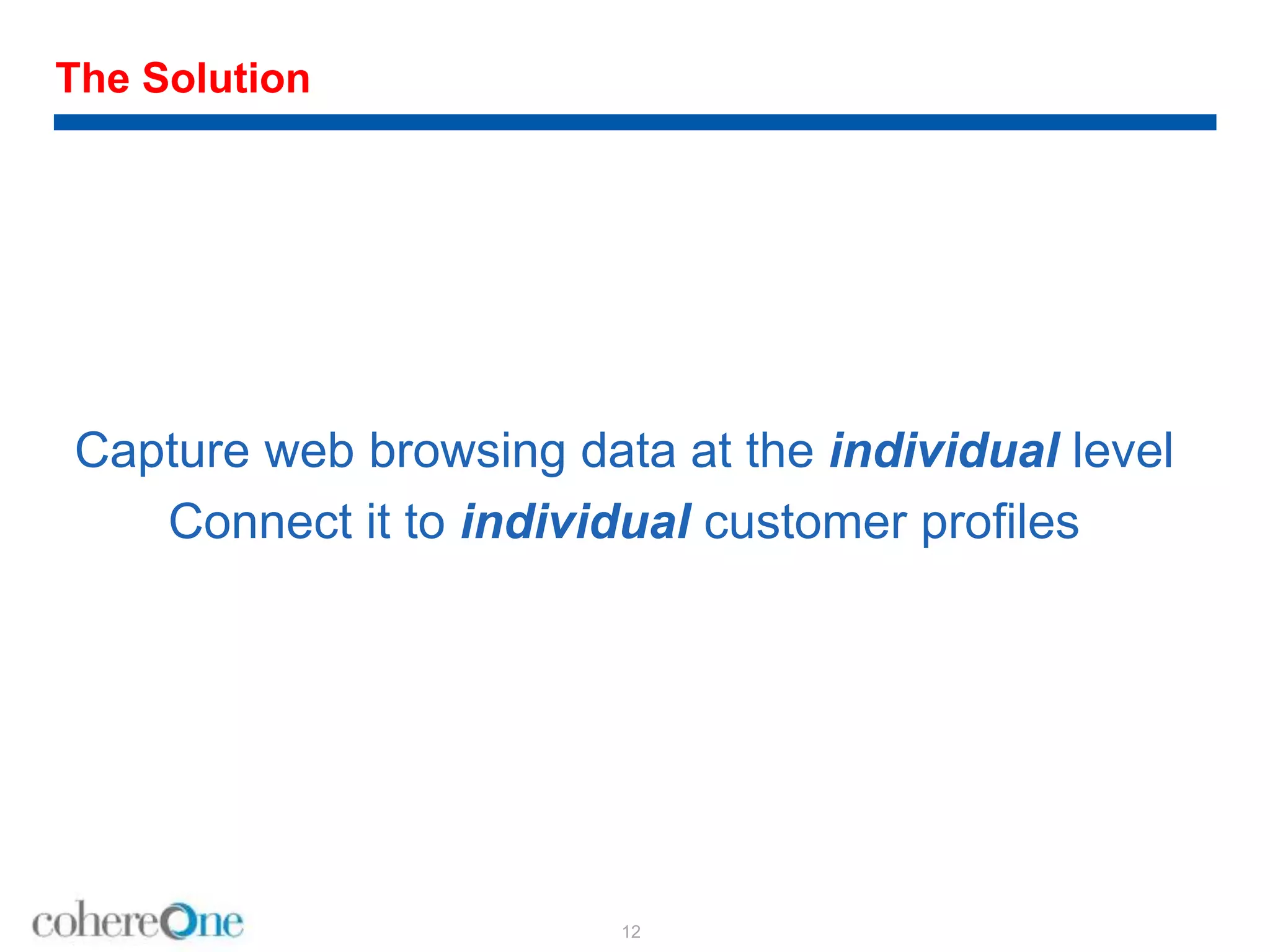 The Solution
Capture web browsing data at the individual level
Connect it to individual customer profiles
12
 