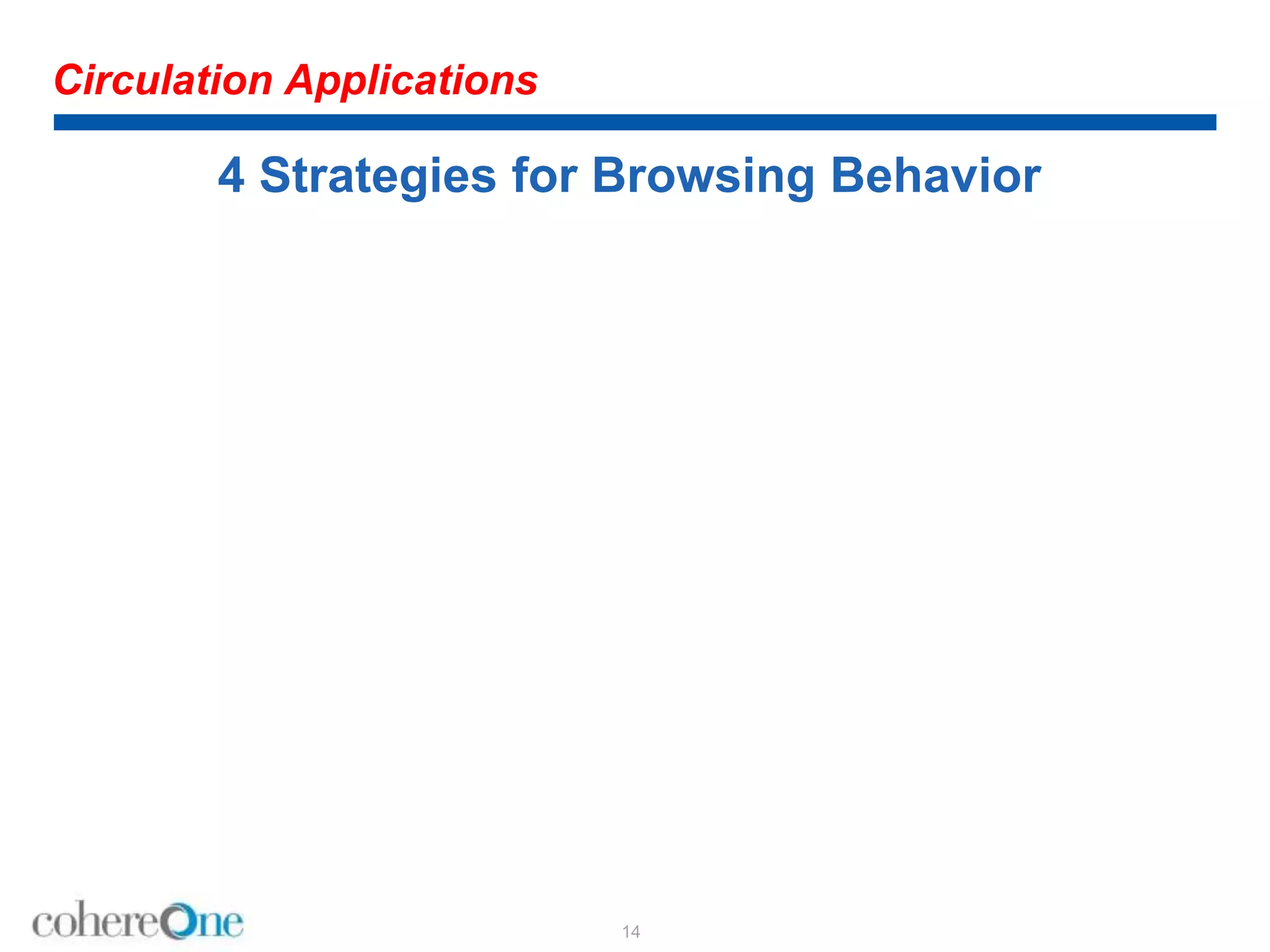 Circulation Applications
4 Strategies for Browsing Behavior
14
 