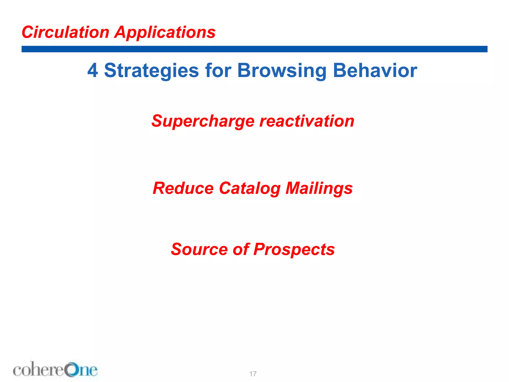 Circulation Applications
4 Strategies for Browsing Behavior
Supercharge reactivation
Reduce Catalog Mailings
Source of Prospects
17
 