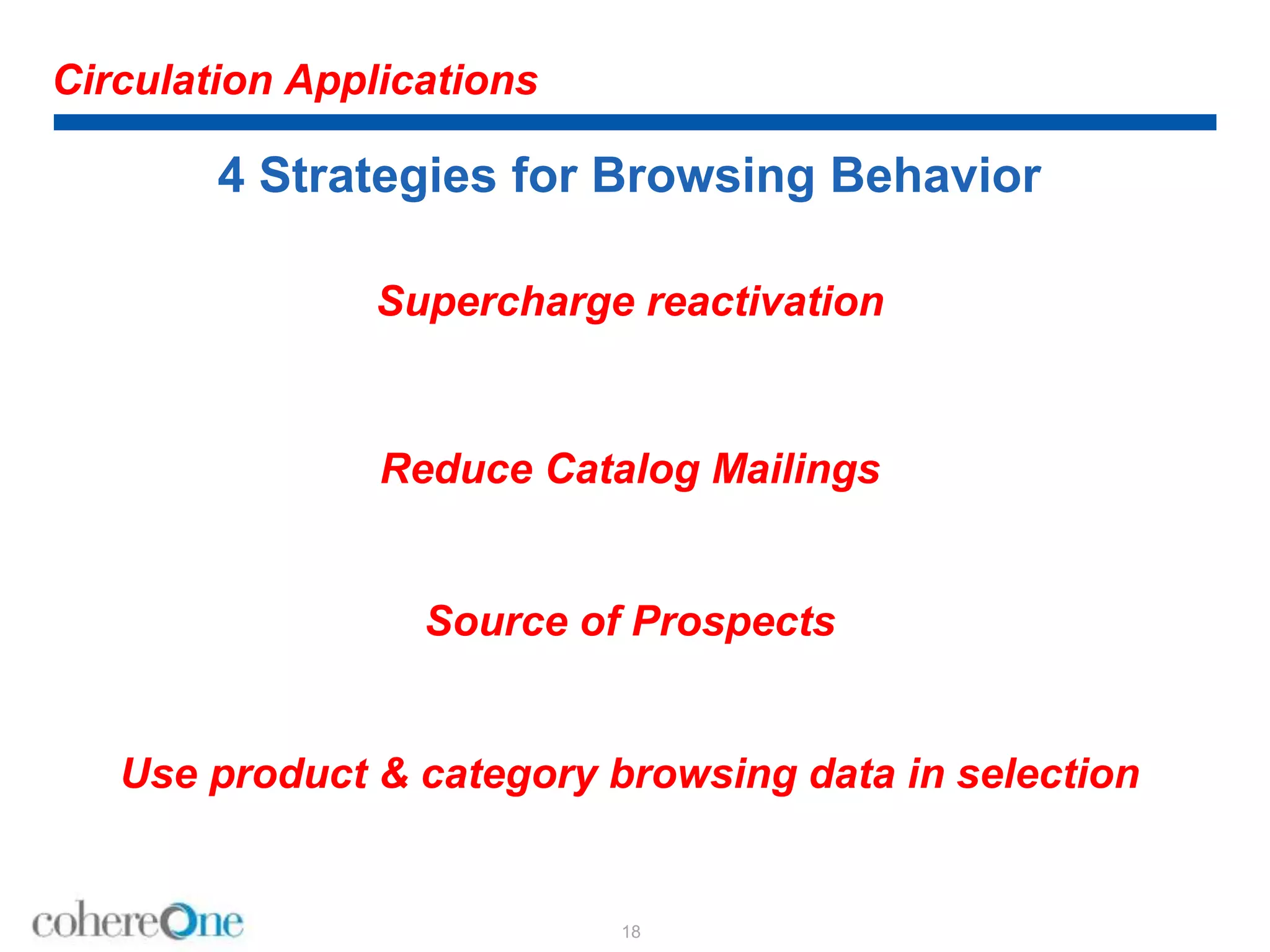 Circulation Applications
4 Strategies for Browsing Behavior
Supercharge reactivation
Reduce Catalog Mailings
Source of Prospects
Use product & category browsing data in selection
18
 