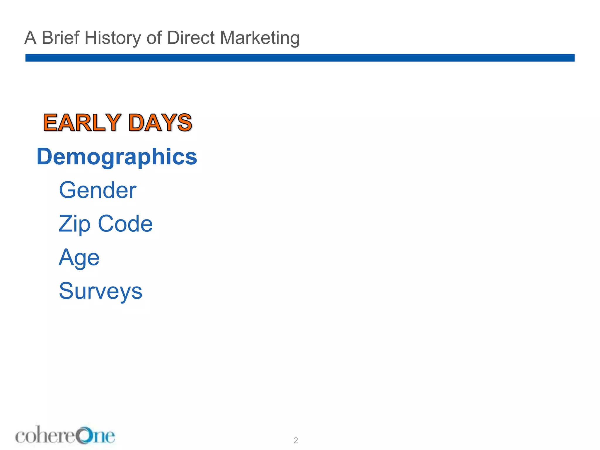 A Brief History of Direct Marketing
Demographics
Gender
Zip Code
Age
Surveys
2
 
