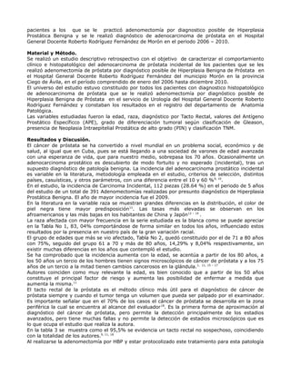 pacientes a los que se le practicó adenomectomía por diagnostico posible de Hiperplasia
Prostática Benigna y se le realizó diagnóstico de adenocarcinoma de próstata en el Hospital
General Docente Roberto Rodríguez Fernández de Morón en el periodo 2006 – 2010.
Material y Método.
Se realizó un estudio descriptivo retrospectivo con el objetivo de caracterizar el comportamiento
clínico e histopatológico del adenocarcinoma de próstata incidental de los pacientes que se les
realizó adenomectomía de próstata por diagnóstico posible de Hiperplasia Benigna de Próstata en
el Hospital General Docente Roberto Rodríguez Fernández del municipio Morón en la provincia
Ciego de Ávila, en el período comprendido de enero del 2006 hasta diciembre 2010.
El universo del estudio estuvo constituido por todos los pacientes con diagnostico histopatológico
de adenocarcinoma de próstata que se le realizó adenomectomía por diagnóstico posible de
Hiperplasia Benigna de Próstata en el servicio de Urología del Hospital General Docente Roberto
Rodríguez Fernández y constaban los resultados en el registro del departamento de Anatomía
Patológica.
Las variables estudiadas fueron la edad, raza, diagnóstico por Tacto Rectal, valores del Antígeno
Prostático Específicco (APE), grado de diferenciación tumoral según clasificación de Gleason,
presencia de Neoplasia Intraepitelial Prostática de alto grado (PIN) y clasificación TNM.
Resultados y Discusión.
El cáncer de próstata se ha convertido a nivel mundial en un problema social, económico y de
salud, al igual que en Cuba, pues se está llegando a una sociedad de varones de edad avanzada
con una esperanza de vida, que para nuestro medio, sobrepasa los 70 años. Ocasionalmente un
adenocarcinoma prostático es descubierto de modo fortuito y no esperado (incidental), tras un
supuesto diagnóstico de patología benigna. La incidencia del adenocarcinoma prostático incidental
es variable en la literatura, metodología empleada en el estudio, criterios de selección, distintos
países, casuísticas, y otros parámetros, con una diferencia entre el 10 y 60 %9, 10
.
En el estudio, la incidencia de Carcinoma Incidental, 112 piezas (28.64 %) en el periodo de 5 años
del estudio de un total de 391 Adenomectomías realizadas por presunto diagnóstico de Hiperplasia
Prostática Benigna. El año de mayor incidencia fue el 2009.
En la literatura en la variable raza se muestran grandes diferencias en la distribución, el color de
piel negra tiene mayor predisposición11
. Las tasas más elevadas se observan en los
afroamericanos y las más bajas en los habitantes de China y Japón12 – 14
.
La raza afectada con mayor frecuencia en la serie estudiada es la blanca como se puede apreciar
en la Tabla No 1, 83, 04% comportándose de forma similar en todos los años, influenciado estos
resultados por la presencia en nuestro país de la gran variación racial.
El grupo de edades que más se vio afectado, Tabla No 2, quedó constituido por el de 71 a 80 años
con 75%, seguido del grupo 61 a 70 y más de 80 años, 14,29% y 8,04% respectivamente, sin
existir muchas diferencias en los años que contempló el estudio.
Se ha comprobado que la incidencia aumenta con la edad, se acentúa a partir de los 80 años, a
los 50 años un tercio de los hombres tienen signos microscópicos de cáncer de próstata y a los 75
años de un tercio a la mitad tienen cambios cancerosos en la glándula.1, 11, 15 – 17
Autores coinciden como muy relevante la edad, es bien conocido que a partir de los 50 años
constituye el principal factor de riesgo y aumenta las posibilidad de enfermar a medida que
aumenta la misma.11
El tacto rectal de la próstata es el método clínico más útil para el diagnóstico de cáncer de
próstata siempre y cuando el tumor tenga un volumen que pueda ser palpado por el examinador.
Es importante señalar que en el 70% de los casos el cáncer de próstata se desarrolla en la zona
periférica la cual se encuentra al alcance del evaluador18
. Es la primera forma de aproximación al
diagnóstico del cáncer de próstata, pero permite la detección principalmente de los estadios
avanzados, pero tiene muchas fallas y no permite la detección de estadios microscópicos que es
lo que ocupa el estudio que realiza la autora.
En la tabla 3 se muestra como el 95,5% se evidencia un tacto rectal no sospechoso, coincidiendo
con la totalidad de los autores.9, 11, 18
Al realizarse la adenomectomía por HBP y estar protocolizado este tratamiento para esta patología
 