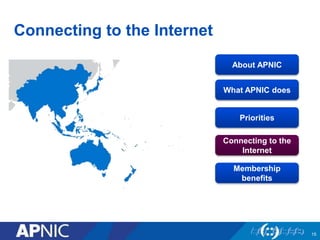 Connecting to the Internet 
15 
About APNIC 
What APNIC does 
Priorities 
Connecting to the 
Internet 
Membership 
benefits 
 