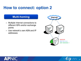 How to connect: option 2 
– Multiple Internet connections to 
different ISPs and/or exchange 
points 
– Use network’s own ASN and IP 
addresses 
19 
AS52378 
202.178.112.1 
2401:3E00:DD::1 
Multi-homing 
 