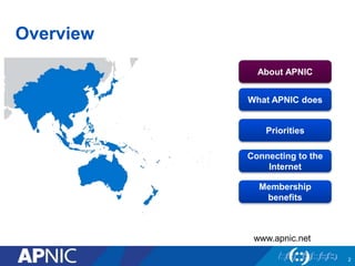 Overview 
2 
About APNIC 
What APNIC does 
Priorities 
Connecting to the 
Internet 
Membership 
benefits 
www.apnic.net 
 