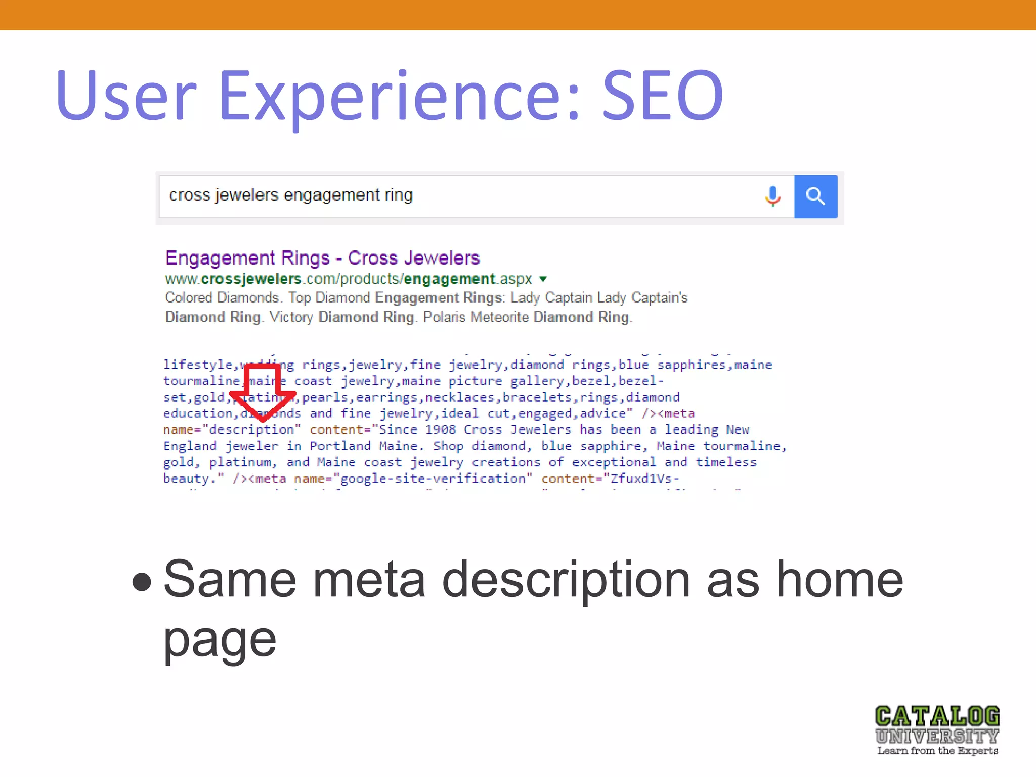 User Experience: SEO
 Same meta description as home
page
 