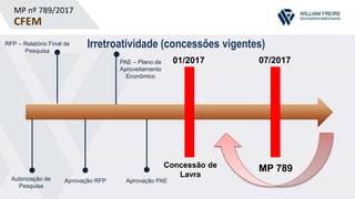 MP nº 789/2017
CFEM
Irretroatividade (concessões vigentes)RFP – Relatório Final de
Pesquisa
Autorização de
Pesquisa
Aprovação RFP
PAE – Plano de
Aproveitamento
Econômico
Aprovação PAE
01/2017
Concessão de
Lavra
07/2017
MP 789
 