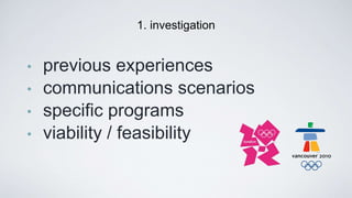 • previous experiences
• communications scenarios
• speciﬁc programs
• viability / feasibility
1. investigation
 