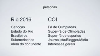 COI 
 
Fã de Olimpíadas 
Super-fã de Olimpíadas 
Super-fã de esportes 
Journalista/Blogger/Mídia 
Interesses gerais
personas
Rio 2016 
 
Cariocas 
Estado do Rio 
Brasileiros 
Sulamericanos 
Além do continente
 