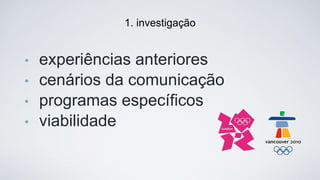 • experiências anteriores
• cenários da comunicação
• programas especíﬁcos
• viabilidade
1. investigação
 