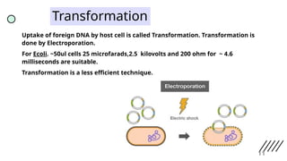 Transformation
Uptake of foreign DNA by host cell is called Transformation. Transformation is
done by Electroporation.
For Ecoli. ~50ul cells 25 microfarads,2.5 kilovolts and 200 ohm for ~ 4.6
milliseconds are suitable.
Transformation is a less efficient technique.
11
 