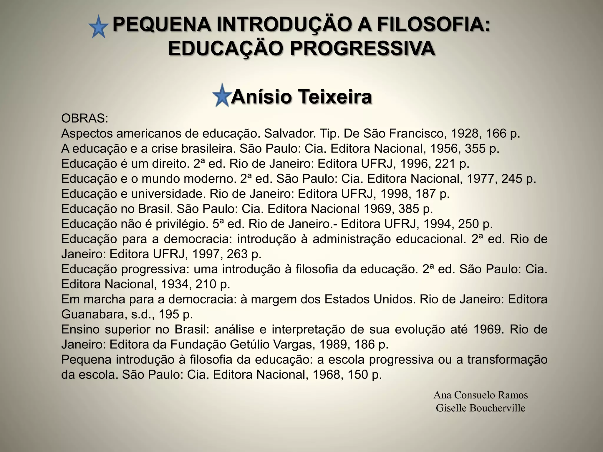 PEQUENA INTRODUÇÄO A FILOSOFIA:
EDUCAÇÄO PROGRESSIVA
Anísio Teixeira
Ana Consuelo Ramos
Giselle Boucherville
OBRAS:
Aspectos americanos de educação. Salvador. Tip. De São Francisco, 1928, 166 p.
A educação e a crise brasileira. São Paulo: Cia. Editora Nacional, 1956, 355 p.
Educação é um direito. 2ª ed. Rio de Janeiro: Editora UFRJ, 1996, 221 p.
Educação e o mundo moderno. 2ª ed. São Paulo: Cia. Editora Nacional, 1977, 245 p.
Educação e universidade. Rio de Janeiro: Editora UFRJ, 1998, 187 p.
Educação no Brasil. São Paulo: Cia. Editora Nacional 1969, 385 p.
Educação não é privilégio. 5ª ed. Rio de Janeiro.- Editora UFRJ, 1994, 250 p.
Educação para a democracia: introdução à administração educacional. 2ª ed. Rio de
Janeiro: Editora UFRJ, 1997, 263 p.
Educação progressiva: uma introdução à filosofia da educação. 2ª ed. São Paulo: Cia.
Editora Nacional, 1934, 210 p.
Em marcha para a democracia: à margem dos Estados Unidos. Rio de Janeiro: Editora
Guanabara, s.d., 195 p.
Ensino superior no Brasil: análise e interpretação de sua evolução até 1969. Rio de
Janeiro: Editora da Fundação Getúlio Vargas, 1989, 186 p.
Pequena introdução à filosofia da educação: a escola progressiva ou a transformação
da escola. São Paulo: Cia. Editora Nacional, 1968, 150 p.
 