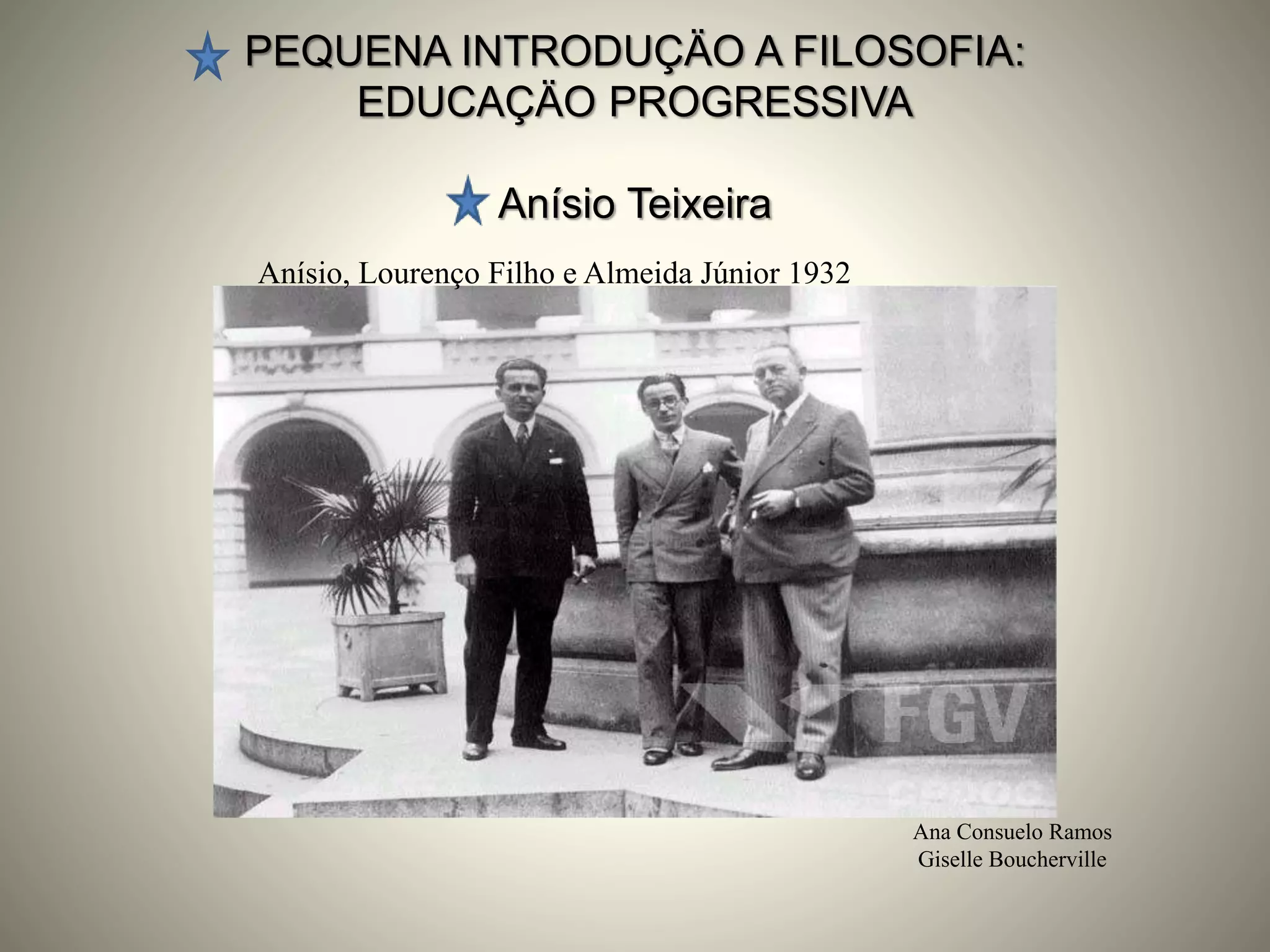 PEQUENA INTRODUÇÄO A FILOSOFIA:
EDUCAÇÄO PROGRESSIVA
Anísio Teixeira
Ana Consuelo Ramos
Giselle Boucherville
Anísio, Lourenço Filho e Almeida Júnior 1932
 