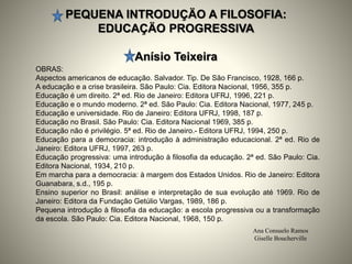 PEQUENA INTRODUÇÄO A FILOSOFIA:
EDUCAÇÄO PROGRESSIVA
Anísio Teixeira
Ana Consuelo Ramos
Giselle Boucherville
OBRAS:
Aspectos americanos de educação. Salvador. Tip. De São Francisco, 1928, 166 p.
A educação e a crise brasileira. São Paulo: Cia. Editora Nacional, 1956, 355 p.
Educação é um direito. 2ª ed. Rio de Janeiro: Editora UFRJ, 1996, 221 p.
Educação e o mundo moderno. 2ª ed. São Paulo: Cia. Editora Nacional, 1977, 245 p.
Educação e universidade. Rio de Janeiro: Editora UFRJ, 1998, 187 p.
Educação no Brasil. São Paulo: Cia. Editora Nacional 1969, 385 p.
Educação não é privilégio. 5ª ed. Rio de Janeiro.- Editora UFRJ, 1994, 250 p.
Educação para a democracia: introdução à administração educacional. 2ª ed. Rio de
Janeiro: Editora UFRJ, 1997, 263 p.
Educação progressiva: uma introdução à filosofia da educação. 2ª ed. São Paulo: Cia.
Editora Nacional, 1934, 210 p.
Em marcha para a democracia: à margem dos Estados Unidos. Rio de Janeiro: Editora
Guanabara, s.d., 195 p.
Ensino superior no Brasil: análise e interpretação de sua evolução até 1969. Rio de
Janeiro: Editora da Fundação Getúlio Vargas, 1989, 186 p.
Pequena introdução à filosofia da educação: a escola progressiva ou a transformação
da escola. São Paulo: Cia. Editora Nacional, 1968, 150 p.
 
