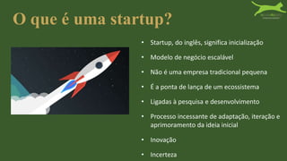 O que é uma startup?
• Incerteza
• Modelo de negócio escalável
• Inovação
• Não é uma empresa tradicional pequena
• Processo incessante de adaptação, iteração e
aprimoramento da ideia inicial
• É a ponta de lança de um ecossistema
• Startup, do inglês, significa inicialização
• Ligadas à pesquisa e desenvolvimento
 