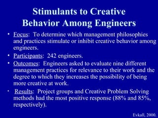 Stimulants to Creative
     Behavior Among Engineers
• Focus: To determine which management philosophies
  and practices stimulate or inhibit creative behavior among
  engineers.
• Participants: 242 engineers.
• Outcomes: Engineers asked to evaluate nine different
  management practices for relevance to their work and the
  degree to which they increases the possibility of being
  more creative at work.
• Results: Project groups and Creative Problem Solving
  methods had the most positive response (88% and 85%,
  respectively).
                                                  Evkall, 2000.
 