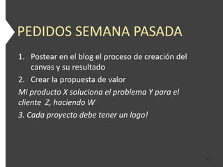 PEDIDOS SEMANA PASADA
1. Postear en el blog el proceso de creación del
    canvas y su resultado
2. Crear la propuesta de valor
Mi producto X soluciona el problema Y para el
cliente Z, haciendo W
3. Cada proyecto debe tener un logo!



                                                   42
 