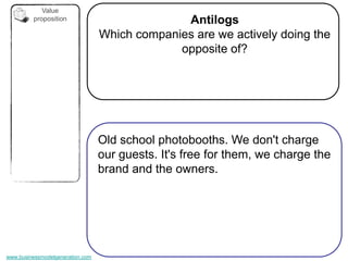 Value
         proposition                            Antilogs
                                  Which companies are we actively doing the
                                               opposite of?




                                  Old school photobooths. We don't charge
                                  our guests. It's free for them, we charge the
                                  brand and the owners.




www.businessmodelgeneration.com
 
