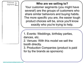 Costumer
      segments                             Who are we selling to?
                                   Your customer segments (you might have
                                  several!) are the groups of customers who
                                  share similar behaviors and buying habits.
                                  The more specific you are, the easier tough
                                   product choices will be, since you'll know
                                       exactly who you're trying to help.


                                  1. Events: Weddings, birthday parties,
                                  dances, etc.
                                  2. Venues: With this model we sell the
                                  booth directly.
                                  3. Production Companies (product is paid
                                  for by the brands as sponsors)


www.businessmodelgeneration.com
 