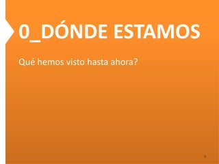 0_DÓNDE ESTAMOS
Qué hemos visto hasta ahora?




                               3
 