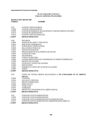 Superintendencia Financiera de Colombia.
PLAN UNICO DE CUENTAS
PARA EL SISTEMA FINANCIERO
RESOLUCIÓN 1865 DE 2007
CODIGO NOMBRE
101
5185 GASTOS CAPITALIZABLES
518504 GASTOS CAPITALIZABLES
518509 GASTOS DE PERSONAL DE HACIENDAS Y DEPARTAMENTO TECNICO
518510 GASTOS DE SEMOVIENTES
518516 GASTOS CAPITALIZADOS (CR)
518597 RIESGO OPERATIVO
5190 DIVERSOS
519005 SERVICIO DE ASEO Y VIGILANCIA
519010 SERVICIOS TEMPORALES
519015 PUBLICIDAD Y PROPAGANDA
519020 RELACIONES PÚBLICAS
519025 SERVICIOS PUBLICOS
519030 PROCESAMIENTO ELECTRONICO DE DATOS
519035 GASTOS DE VIAJE
519040 TRANSPORTE
519045 UTILES Y PAPELERIA
519046 GASTOS OPERACIONALES CONSORCIOS O UNIONES TEMPORALES
519050 MUERTE DE GANADO
519055 EXTRAVIO Y HURTO DE GANADO
519060 DONACIONES
519065 PERDIDA EN VENTA DE ACTIVOS EN LEASING
519095 OTROS
519097 RIESGO OPERATIVO
5194 COSTO DE VENTAS BIENES REALIZABLES Y NO UTILIZADOS EN EL OBJETO
SOCIAL
519405 VIVIENDA
519410 LOCALES Y OFICINAS
519415 BIENES TERMINADOS
519420 MERCANCIAS
519425 VEHICULOS
519435 TERRENOS
519440 BIENES NO UTILIZADOS EN EL OBJETO SOCIAL
519497 RIESGO OPERATIVO
5195 COSTO DE VENTAS SEMOVIENTES
519505 COSTO DE VENTAS SEMOVIENTES
519510 COSTO DE VENTAS SEMOVIENTES EN PARTICIPACION
519515 COSTO DE VENTAS SEMOVIENTES ADMINISTRACION DIRECTA
519597 RIESGO OPERATIVO
 