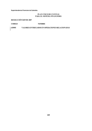 Superintendencia Financiera de Colombia.
PLAN UNICO DE CUENTAS
PARA EL SISTEMA FINANCIERO
RESOLUCIÓN 0429 DE 2007
CODIGO NOMBRE
109
630905 VALORES ENTREGADOS EN OPERACIONES RELACIONADAS
 