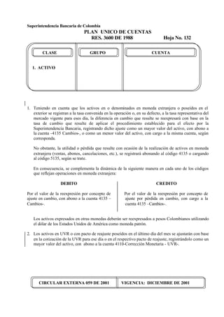 Superintendencia Bancaria de Colombia
PLAN UNICO DE CUENTAS
RES. 3600 DE 1988 Hoja No. 132
CIRCULAR EXTERNA 059 DE 2001 VIGENCIA: DICIEMBRE DE 2001
CLASE GRUPO CUENTA
1. ACTIVO
1. Teniendo en cuenta que los activos en o denominados en moneda extranjera o poseídos en el
exterior se registran a la tasa convenida en la operación o, en su defecto, a la tasa representativa del
mercado vigente para eses día, la diferencia en cambio que resulte se reexpresará con base en la
tasa de cambio que resulte de aplicar el procedimiento establecido para el efecto por la
Superintendencia Bancaria, registrando dicho ajuste como un mayor valor del activo, con abono a
la cuenta -4135 Cambios-, o como un menor valor del activo, con cargo a la misma cuenta, según
corresponda.
No obstante, la utilidad o pérdida que resulte con ocasión de la realización de activos en moneda
extranjera (ventas, abonos, cancelaciones, etc.), se registrará abonando al código 4135 o cargando
al código 5135, según se trate.
En consecuencia, se complementa la dinámica de la siguiente manera en cada uno de los códigos
que reflejan operaciones en moneda extranjera:
DEBITO
Por el valor de la reexpresión por concepto de
ajuste en cambio, con abono a la cuenta 4135 –
Cambios-.
CREDITO
Por el valor de la reexpresión por concepto de
ajuste por pérdida en cambio, con cargo a la
cuenta 4135 –Cambios-.
Los activos expresados en otras monedas deberán ser reexpresados a pesos Colombianos utilizando
el dólar de los Estados Unidos de América como moneda patrón.
2. Los activos en UVR o con pacto de reajuste poseídos en el último día del mes se ajustarán con base
en la cotización de la UVR para ese día o en el respectivo pacto de reajuste, registrándolo como un
mayor valor del activo, con abono a la cuenta 4110-Corrección Monetaria - UVR-.
 