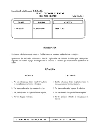 Superintendencia Bancaria de Colombia
PLAN UNICO DE CUENTAS
RES. 3600 DE 1988 Hoja No. 134
CIRCULAR EXTERNA 030 DE 1998 VIGENCIA: MAYO DE 1998
CLASE GRUPO CUENTA
1. ACTIVO 11. Disponible 1105 Caja
DESCRIPCIÓN
Registra el efectivo con que cuenta la Entidad, tanto en moneda nacional como extranjera.
Igualmente, las entidades diferentes a bancos, registrarán los cheques recibidos por concepto de
depósitos de clientes o pago de obligaciones a favor de la Entidad, que se encuentren pendientes de
cobro.
DINAMICA
DEBITOS
1. Por las entradas de dinero en efectivo, tanto
en moneda nacional como extranjera.
2. Por las transferencias internas de efectivo.
3. Por los sobrantes en caja al efectuar arqueos.
4. Por los cheques recibidos.
CREDITOS
1. Por las salidas de dinero en efectivo tanto en
moneda nacional como extranjera.
2. Por las transferencias internas de efectivo.
3. Por los faltantes en caja al efectuar arqueos.
4. Por los cheques cobrados o consignados en
bancos.
 