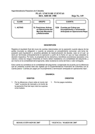 Superintendencia Financiera de Colombia
PLAN UNICO DE CUENTAS
RES. 3600 DE 1988 Hoja No. 149
RESOLUCIÓN 0429 DE 2007 VIGENCIA: MARZO DE 2007
CLASE GRUPO CUENTA
1. ACTIVO 12. Posiciones Activas 1228 Cuentas por Cobrar por
en Operaciones del Incumplimiento o Terminación
Mercado Monetario Anticipada en Operaciones Repo
y Relacionadas
DESCRIPCIÓN
Registra el resultado final del cruce de cuentas relacionadas con la operación cuando alguna de las
partes incumpla su obligación o cuando se presente un procedimiento concursal, una toma de
posesión para liquidación o, acuerdos globales de reestructuración de deudas, caso en el cual se
dará por terminada anticipadamente la operación a partir de la fecha en que se haya adoptado la
decisión respectiva. Por tanto, la propiedad de los derechos y beneficios económicos asociados a los
valores y todos los riesgos inherentes al mismo deben trasladarse a la contabilidad del adquirente, y
así mismo en la contabilidad del enajenante, debe revelarse la venta del título o valor entregado.
Esta cuenta es correlativa en la contabilidad del adquirente o enajenante de acuerdo con la diferencia
que se presente (cuando éste sea vigilado por la Superintendencia Financiera de Colombia) con la
cuenta pasiva “Cuentas por pagar por incumplimiento o terminación anticipada en operaciones repo”.
DINAMICA
DEBITOS
1. Por la diferencia a favor entre el monto del
“valor” a precios de mercado y el monto de
la operación final del repo más los cupones
si los hubiere.
CREDITOS
1. Por los pagos recibidos.
 