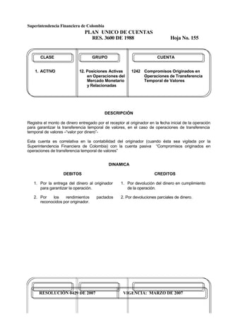 Superintendencia Financiera de Colombia
PLAN UNICO DE CUENTAS
RES. 3600 DE 1988 Hoja No. 155
RESOLUCIÓN 0429 DE 2007 VIGENCIA: MARZO DE 2007
CLASE GRUPO CUENTA
1. ACTIVO 12. Posiciones Activas 1242 Compromisos Originados en
en Operaciones del Operaciones de Transferencia
Mercado Monetario Temporal de Valores
y Relacionadas
DESCRIPCIÓN
Registra el monto de dinero entregado por el receptor al originador en la fecha inicial de la operación
para garantizar la transferencia temporal de valores, en el caso de operaciones de transferencia
temporal de valores –“valor por dinero”-
Esta cuenta es correlativa en la contabilidad del originador (cuando ésta sea vigilada por la
Superintendencia Financiera de Colombia) con la cuenta pasiva “Compromisos originados en
operaciones de transferencia temporal de valores”
DINAMICA
DEBITOS
1. Por la entrega del dinero al originador
para garantizar la operación.
2. Por los rendimientos pactados
reconocidos por originador.
CREDITOS
1. Por devolución del dinero en cumplimiento
de la operación.
2. Por devoluciones parciales de dinero.
 