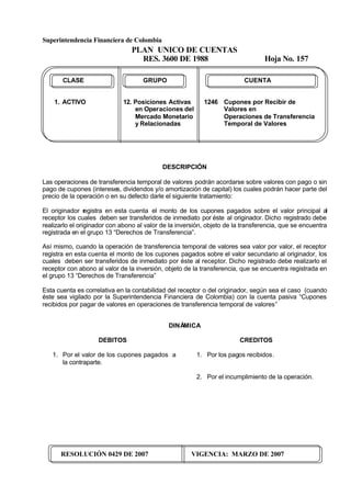 Superintendencia Financiera de Colombia
PLAN UNICO DE CUENTAS
RES. 3600 DE 1988 Hoja No. 157
RESOLUCIÓN 0429 DE 2007 VIGENCIA: MARZO DE 2007
CLASE GRUPO CUENTA
1. ACTIVO 12. Posiciones Activas 1246 Cupones por Recibir de
en Operaciones del Valores en
Mercado Monetario Operaciones de Transferencia
y Relacionadas Temporal de Valores
DESCRIPCIÓN
Las operaciones de transferencia temporal de valores podrán acordarse sobre valores con pago o sin
pago de cupones (intereses, dividendos y/o amortización de capital) los cuales podrán hacer parte del
precio de la operación o en su defecto darle el siguiente tratamiento:
El originador registra en esta cuenta el monto de los cupones pagados sobre el valor principal al
receptor los cuales deben ser transferidos de inmediato por éste al originador. Dicho registrado debe
realizarlo el originador con abono al valor de la inversión, objeto de la transferencia, que se encuentra
registrada en el grupo 13 “Derechos de Transferencia”.
Así mismo, cuando la operación de transferencia temporal de valores sea valor por valor, el receptor
registra en esta cuenta el monto de los cupones pagados sobre el valor secundario al originador, los
cuales deben ser transferidos de inmediato por éste al receptor. Dicho registrado debe realizarlo el
receptor con abono al valor de la inversión, objeto de la transferencia, que se encuentra registrada en
el grupo 13 “Derechos de Transferencia”
Esta cuenta es correlativa en la contabilidad del receptor o del originador, según sea el caso (cuando
éste sea vigilado por la Superintendencia Financiera de Colombia) con la cuenta pasiva “Cupones
recibidos por pagar de valores en operaciones de transferencia temporal de valores”
DINÁMICA
DEBITOS
1. Por el valor de los cupones pagados a
la contraparte.
CREDITOS
1. Por los pagos recibidos.
2. Por el incumplimiento de la operación.
 
