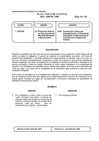Superintendencia Financiera de Colombia
PLAN UNICO DE CUENTAS
RES. 3600 DE 1988 Hoja No. 144
RESOLUCIÓN 0429 DE 2007 VIGENCIA: MARZO DE 2007
CLASE GRUPO CUENTA
1. ACTIVO 12. Posiciones Activas 1248 Cuentas por Cobrar por
en Operaciones del Incumplimiento o Terminación
Mercado Monetario Anticipada en Operaciones de
y Relacionadas Transferencia Temporal de
Valores
DESCRIPCIÓN
Registra el resultado final del cruce de cuentas relacionadas con la operación cuando alguna de las
partes incumpla su obligación o cuando se presente un procedimiento concursal, una toma de
posesión para liquidación o, acuerdos globales de reestructuración de deudas, caso en el cual se
dará por terminada anticipadamente la operación a partir de la fecha en que se haya adoptado la
decisión respectiva. Por tanto, la propiedad de los derechos y beneficios económicos asociados a los
valores principales y todos los riesgos inherentes al mismo deben trasladarse a la contabilidad del
receptor o la contabilidad del originador, de los valores secundarios, en el caso que la operación sea
“valor por valor” y así mismo en la contabilidad de la contraparte debe revelarse la venta del valor
respectivo entregado.
Esta cuenta es correlativa en la contabilidad del originador o receptor, de acuerdo con la diferencia
que se presente (cuando éste sea vigilado por la Superintendencia Financiera de Colombia) con la
cuenta pasiva “Cuentas por pagar por incumplimiento o terminación anticipada en operaciones de
transferencia temporal de valores”.
DINÁMICA
DEBITOS
1. Por la diferencia a favor entre el monto del
“valor” principal o secundario, a precios de
mercado según sea el caso y el monto de los
mismos o el dinero recibido, en el caso de la
operación “valor por dinero”, más los
rendimientos y/o cupones , si los hubiere
CREDITOS
1. Por los pagos recibidos.
 