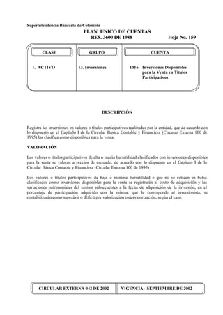 Superintendencia Bancaria de Colombia
PLAN UNICO DE CUENTAS
RES. 3600 DE 1988 Hoja No. 159
CIRCULAR EXTERNA 042 DE 2002 VIGENCIA: SEPTIEMBRE DE 2002
CLASE GRUPO CUENTA
1. ACTIVO 13. Inversiones 1316 Inversiones Disponibles
para la Venta en Títulos
Participativos
DESCRIPCIÓN
Registra las inversiones en valores o títulos participativos realizadas por la entidad, que de acuerdo con
lo dispuesto en el Capítulo I de la Circular Básica Contable y Financiera (Circular Externa 100 de
1995) las clasifica como disponibles para la venta.
VALORACIÓN
Los valores o títulos participativos de alta o media bursatilidad clasificados con inversiones disponibles
para la venta se valoran a precios de mercado, de acuerdo con lo dispuesto en el Capítulo I de la
Circular Básica Contable y Financiera (Circular Externa 100 de 1995)
Los valores o títulos participativos de baja o mínima bursatilidad o que no se coticen en bolsa
clasificados como inversiones disponibles para la venta se registrarán al costo de adquisición y las
variaciones patrimoniales del emisor subsecuentes a la fecha de adquisición de la inversión, en el
porcentaje de participación adquirido con la misma, que le corresponde al inversionista, se
contabilizarán como superávit o déficit por valorización o desvalorización, según el caso.
 