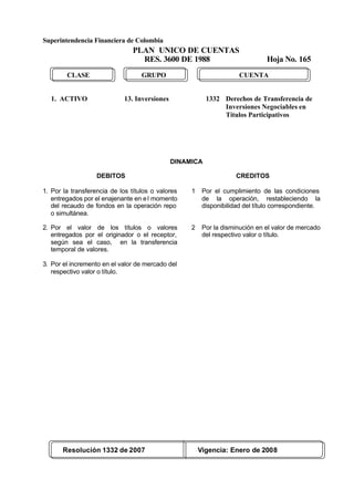 Superintendencia Financiera de Colombia
PLAN UNICO DE CUENTAS
RES. 3600 DE 1988 Hoja No. 165
Resolución 1332 de 2007 Vigencia: Enero de 2008
CLASE GRUPO CUENTA
1. ACTIVO 13. Inversiones 1332 Derechos de Transferencia de
Inversiones Negociables en
Títulos Participativos
DINAMICA
DEBITOS
1. Por la transferencia de los títulos o valores
entregados por el enajenante en el momento
del recaudo de fondos en la operación repo
o simultánea.
2. Por el valor de los títulos o valores
entregados por el originador o el receptor,
según sea el caso, en la transferencia
temporal de valores.
3. Por el incremento en el valor de mercado del
respectivo valor o título.
CREDITOS
1 Por el cumplimiento de las condiciones
de la operación, restableciendo la
disponibilidad del título correspondiente.
2 Por la disminución en el valor de mercado
del respectivo valor o título.
 