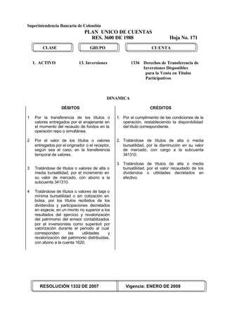 Superintendencia Bancaria de Colombia
PLAN UNICO DE CUENTAS
RES. 3600 DE 1988 Hoja No. 171
RESOLUCIÓN 1332 DE 2007 Vigencia: ENERO DE 2008
CLASE GRUPO CUENTA
1. ACTIVO 13. Inversiones 1336 Derechos de Transferencia de
Inversiones Disponibles
para la Venta en Títulos
Participativos
DINAMICA
DÉBITOS
1 Por la transferencia de los títulos o
valores entregados por el enajenante en
el momento del recaudo de fondos en la
operación repo o simultánea.
2 Por el valor de los títulos o valores
entregados por el originador o el receptor,
según sea el caso, en la transferencia
temporal de valores.
3 Tratándose de títulos o valores de alta o
media bursatilidad, por el incremento en
su valor de mercado, con abono a la
subcuenta 341310.
4 Tratándose de títulos o valores de baja o
mínima bursatilidad o sin cotización en
bolsa, por los títulos recibidos de los
dividendos y participaciones decretados
en especie, en un monto no superior a los
resultados del ejercicio y revalorización
del patrimonio del emisor contabilizados
por el inversionista como superávit por
valorización durante el período al cual
corresponden las utilidades y
revalorización del patrimonio distribuidas,
con abono a la cuenta 1620.
CRÉDITOS
1. Por el cumplimiento de las condiciones de la
operación, restableciendo la disponibilidad
del título correspondiente.
2. Tratándose de títulos de alta o media
bursatilidad, por la disminución en su valor
de mercado, con cargo a la subcuenta
341310.
3. Tratándose de títulos de alta o media
bursatilidad, por el valor recaudado de los
dividendos o utilidades decretados en
efectivo.
 