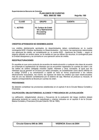 Superintendencia Bancaria de Colombia
PLAN UNICO DE CUENTAS
RES. 3600 DE 1988 Hoja No. 180
Circular Externa 040 de 2003 VIGENCIA: Enero de 2004
CLASE GRUPO CUENTA
1. ACTIVO 14. Cartera de Crédi-
tos y Operaciones
de Leasing
Financiero
CREDITOS APROBADOS NO DESEMBOLSADOS
Los créditos debidamente aprobados no desembolsados deben contabilizarse en la cuenta
contingente 6220 -Créditos Aprobados no Desembolsados -. Así mismo, las operaciones relacionadas
con aperturas de crédito, se contabilizarán en la cuenta 6225 - Aperturas de Crédito -, según el
sistema utilizado; en ambos casos, en la medida en que se utilicen los recursos, la contingencia para
la Entidad desaparece y se convierte en una operación activa de crédito.
REESTRUCTURACIONES
En aquellos en que como producto de acuerdos de reestructuración o cualquier otra clase de acuerdo
se contemple la capitalización de intereses que se encuentren registrados en cuentas de orden o de
los saldos de cartera castigada incluidos capital, intereses y otros conceptos, al igual que los
intereses que se generen en el futuro por estos conceptos, se contabilizarán como abono diferido en
el código 272035 y su amortización a capital se hará en forma proporcional a los valores
efectivamente recaudados. Así mismo, los ingresos de todos los créditos que sean reestructurados
más de una vez deberán contabilizarse por el sistema de caja. Mientras se produce su recaudo, el
registro correspondiente se llevará por cuentas de orden.
PROVISIONES
Se deberán contabilizar las provisiones establecidas en el capítulo II de la Circular Básica Contable y
Financiera.
CALIFICACIÓN, OBLIGATORIEDAD, ALCANCE Y FRECUENCIA DE LA EVALUACIÓN
La calificación, obligatoriedad, alcance y frecuencia de la evaluación del riesgo crediticio deberá
efectuarse teniendo en cuenta la metodología y criterios indicados en el capítulo II de la Circular
Básica Contable y Financiera (Circular Externa 100 de 1995).
.
 