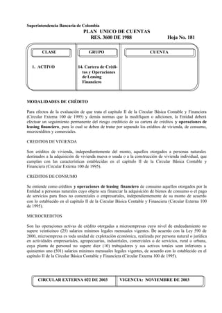Superintendencia Bancaria de Colombia
PLAN UNICO DE CUENTAS
RES. 3600 DE 1988 Hoja No. 181
CIRCULAR EXTERNA 022 DE 2003 VIGENCIA: NOVIEMBRE DE 2003
CLASE GRUPO CUENTA
1. ACTIVO 14. Cartera de Crédi-
tos y Operaciones
de Leasing
Financiero
MODALIDADES DE CRÉDITO
Para efectos de la evaluación de que trata el capítulo II de la Circular Básica Contable y Financiera
(Circular Externa 100 de 1995) y demás normas que la modifiquen o adicionen, la Entidad deberá
efectuar un seguimiento permanente del riesgo crediticio de su cartera de créditos y operaciones de
leasing financiero, para lo cual se deben de tratar por separado los créditos de vivienda, de consumo,
microcréditos y comerciales.
CREDITOS DE VIVIENDA
Son créditos de vivienda, independientemente del monto, aquellos otorgados a personas naturales
destinados a la adquisición de vivienda nueva o usada o a la construcción de vivienda individual, que
cumplan con las características establecidas en el capítulo II de la Circular Básica Contable y
Financiera (Circular Externa 100 de 1995).
CREDITOS DE CONSUMO
Se entiende como créditos y operaciones de leasing financiero de consumo aquellos otorgados por la
Entidad a personas naturales cuyo objeto sea financiar la adquisición de bienes de consumo o el pago
de servicios para fines no comerciales o empresariales, independientemente de su monto de acuerdo
con lo establecido en el capítulo II de la Circular Básica Contable y Financiera (Circular Externa 100
de 1995).
MICROCREDITOS
Son las operaciones activas de crédito otorgadas a microempresas cuyo nivel de endeudamiento no
supere veinticinco (25) salarios mínimos legales mensuales vigentes. De acuerdo con la Ley 590 de
2000, microempresa es toda unidad de explotación económica, realizada por persona natural o jurídica
en actividades empresariales, agropecuarias, industriales, comerciales o de servicios, rural o urbana,
cuya planta de personal no supere diez (10) trabajadores y sus activos totales sean inferiores a
quinientos uno (501) salarios mínimos mensuales legales vigentes, de acuerdo con lo establecido en el
capítulo II de la Circular Básica Contable y Financiera (Circular Externa 100 de 1995).
 