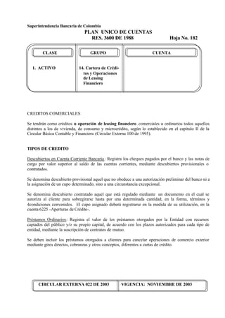 Superintendencia Bancaria de Colombia
PLAN UNICO DE CUENTAS
RES. 3600 DE 1988 Hoja No. 182
CIRCULAR EXTERNA 022 DE 2003 VIGENCIA: NOVIEMBRE DE 2003
CLASE GRUPO CUENTA
1. ACTIVO 14. Cartera de Crédi-
tos y Operaciones
de Leasing
Financiero
CREDITOS COMERCIALES
Se tendrán como créditos u operación de leasing financiero comerciales u ordinarios todos aquellos
distintos a los de vivienda, de consumo y microcrédito, según lo establecido en el capítulo II de la
Circular Básica Contable y Financiera (Circular Externa 100 de 1995).
TIPOS DE CREDITO
Descubiertos en Cuenta Corriente Bancaria: Registra los cheques pagados por el banco y las notas de
cargo por valor superior al saldo de las cuentas corrientes, mediante descubiertos provisionales o
contratados.
Se denomina descubierto provisional aquel que no obedece a una autorización preliminar del banco ni a
la asignación de un cupo determinado, sino a una circunstancia excepcional.
Se denomina descubierto contratado aquel que está regulado mediante un documento en el cual se
autoriza al cliente para sobregirarse hasta por una determinada cantidad, en la forma, términos y
4condiciones convenidos. El cupo asignado deberá registrarse en la medida de su utilización, en la
cuenta 6225 -Aperturas de Crédito-.
Préstamos Ordinarios: Registra el valor de los préstamos otorgados por la Entidad con recursos
captados del público y/o su propio capital, de acuerdo con los plazos autorizados para cada tipo de
entidad, mediante la suscripción de contratos de mutuo.
Se deben incluir los préstamos otorgados a clientes para cancelar operaciones de comercio exterior
mediante giros directos, cobranzas y otros conceptos, diferentes a cartas de crédito.
 