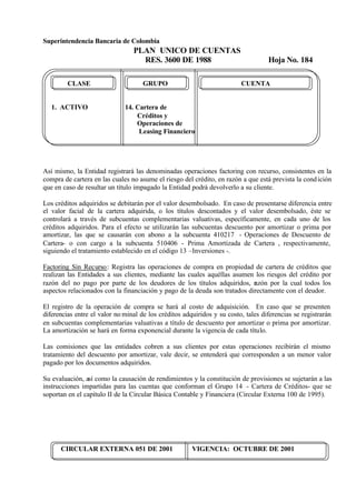 Superintendencia Bancaria de Colombia
PLAN UNICO DE CUENTAS
RES. 3600 DE 1988 Hoja No. 184
CIRCULAR EXTERNA 051 DE 2001 VIGENCIA: OCTUBRE DE 2001
CLASE GRUPO CUENTA
1. ACTIVO 14. Cartera de
Créditos y
Operaciones de
Leasing Financiero
Así mismo, la Entidad registrará las denominadas operaciones factoring con recurso, consistentes en la
compra de cartera en las cuales no asume el riesgo del crédito, en razón a que está prevista la condición
que en caso de resultar un título impagado la Entidad podrá devolverlo a su cliente.
Los créditos adquiridos se debitarán por el valor desembolsado. En caso de presentarse diferencia entre
el valor facial de la cartera adquirida, o los títulos descontados y el valor desembolsado, éste se
controlará a través de subcuentas complementarias valuativas, específicamente, en cada uno de los
créditos adquiridos. Para el efecto se utilizarán las subcuentas descuento por amortizar o prima por
amortizar, las que se causarán con abono a la subcuenta 410217 - Operaciones de Descuento de
Cartera- o con cargo a la subcuenta 510406 - Prima Amortizada de Cartera , respectivamente,
siguiendo el tratamiento establecido en el código 13 –Inversiones -.
Factoring Sin Recurso: Registra las operaciones de compra en propiedad de cartera de créditos que
realizan las Entidades a sus clientes, mediante las cuales aquéllas asumen los riesgos del crédito por
razón del no pago por parte de los deudores de los títulos adquiridos, razón por la cual todos los
aspectos relacionados con la financiación y pago de la deuda son tratados directamente con el deudor.
El registro de la operación de compra se hará al costo de adquisición. En caso que se presenten
diferencias entre el valor no minal de los créditos adquiridos y su costo, tales diferencias se registrarán
en subcuentas complementarias valuativas a título de descuento por amortizar o prima por amortizar.
La amortización se hará en forma exponencial durante la vigencia de cada título.
Las comisiones que las entidades cobren a sus clientes por estas operaciones recibirán el mismo
tratamiento del descuento por amortizar, vale decir, se entenderá que corresponden a un menor valor
pagado por los documentos adquiridos.
Su evaluación, así como la causación de rendimientos y la constitución de provisiones se sujetarán a las
instrucciones impartidas para las cuentas que conforman el Grupo 14 - Cartera de Créditos- que se
soportan en el capítulo II de la Circular Básica Contable y Financiera (Circular Externa 100 de 1995).
 