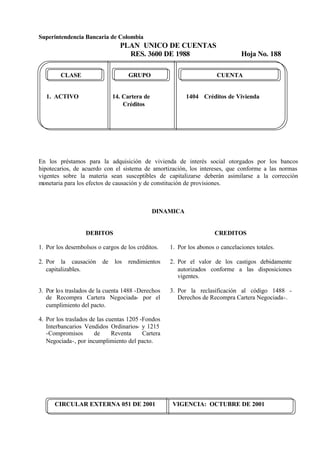 Superintendencia Bancaria de Colombia
PLAN UNICO DE CUENTAS
RES. 3600 DE 1988 Hoja No. 188
CIRCULAR EXTERNA 051 DE 2001 VIGENCIA: OCTUBRE DE 2001
CLASE GRUPO CUENTA
1. ACTIVO 14. Cartera de 1404 Créditos de Vivienda
Créditos
En los préstamos para la adquisición de vivienda de interés social otorgados por los bancos
hipotecarios, de acuerdo con el sistema de amortización, los intereses, que conforme a las normas
vigentes sobre la materia sean susceptibles de capitalizarse deberán asimilarse a la corrección
monetaria para los efectos de causación y de constitución de provisiones.
DINAMICA
DEBITOS
1. Por los desembolsos o cargos de los créditos.
CREDITOS
1. Por los abonos o cancelaciones totales.
2. Por la causación de los rendimientos
capitalizables.
3. Por los traslados de la cuenta 1488 -Derechos
de Recompra Cartera Negociada- por el
cumplimiento del pacto.
4. Por los traslados de las cuentas 1205 -Fondos
Interbancarios Vendidos Ordinarios- y 1215
-Compromisos de Reventa Cartera
Negociada-, por incumplimiento del pacto.
2. Por el valor de los castigos debidamente
autorizados conforme a las disposiciones
vigentes.
3. Por la reclasificación al código 1488 -
Derechos de Recompra Cartera Negociada-.
 