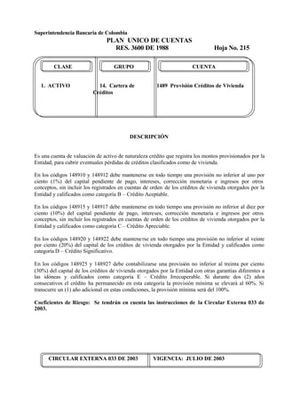 Superintendencia Bancaria de Colombia
PLAN UNICO DE CUENTAS
RES. 3600 DE 1988 Hoja No. 215
CIRCULAR EXTERNA 033 DE 2003 VIGENCIA: JULIO DE 2003
CLASE GRUPO CUENTA
1. ACTIVO 14. Cartera de 1489 Provisión Créditos de Vivienda
Créditos
DESCRIPCIÓN
Es una cuenta de valuación de activo de naturaleza crédito que registra los montos provisionados por la
Entidad, para cubrir eventuales pérdidas de créditos clasificados como de vivienda.
En los códigos 148910 y 148912 debe mantenerse en todo tiempo una provisión no inferior al uno por
ciento (1%) del capital pendiente de pago, intereses, corrección monetaria e ingresos por otros
conceptos, sin incluir los registrados en cuentas de orden de los créditos de vivienda otorgados por la
Entidad y calificados como categoría B – Crédito Aceptable.
En los códigos 148915 y 148917 debe mantenerse en todo tiempo una provisión no inferior al diez por
ciento (10%) del capital pendiente de pago, intereses, corrección monetaria e ingresos por otros
conceptos, sin incluir los registrados en cuentas de orden de los créditos de vivienda otorgados por la
Entidad y calificados como categoría C – Crédito Apreciable.
En los códigos 148920 y 148922 debe mantenerse en todo tiempo una provisión no inferior al veinte
por ciento (20%) del capital de los créditos de vivienda otorgados por la Entidad y calificados como
categoría D – Crédito Significativo.
En los códigos 148925 y 148927 debe contabilizarse una provisión no inferior al treinta por ciento
(30%) del capital de los créditos de vivienda otorgados por la Entidad con otras garantías diferentes a
las idóneas y calificados como categoría E – Crédito Irrecuperable. Si durante dos (2) años
consecutivos el crédito ha permanecido en esta categoría la provisión mínima se elevará al 60%. Si
transcurre un (1) año adicional en estas condiciones, la provisión mínima será del 100%.
Coeficientes de Riesgo: Se tendrán en cuenta las instrucciones de la Circular Externa 033 de
2003.
 