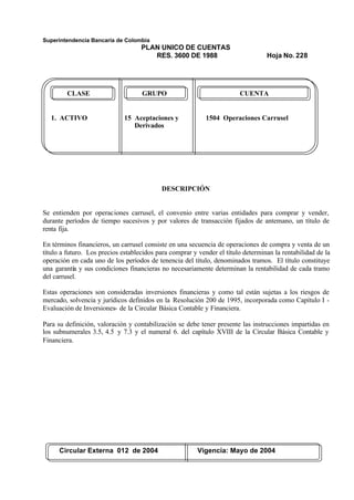 Superintendencia Bancaria de Colombia
PLAN UNICO DE CUENTAS
RES. 3600 DE 1988 Hoja No. 228
Circular Externa 012 de 2004 Vigencia: Mayo de 2004
CLASE GRUPO CUENTA
1. ACTIVO 15 Aceptaciones y 1504 Operaciones Carrusel
Derivados
DESCRIPCIÓN
Se entienden por operaciones carrusel, el convenio entre varias entidades para comprar y vender,
durante períodos de tiempo sucesivos y por valores de transacción fijados de antemano, un título de
renta fija.
En términos financieros, un carrusel consiste en una secuencia de operaciones de compra y venta de un
título a futuro. Los precios establecidos para comprar y vender el título determinan la rentabilidad de la
operación en cada uno de los períodos de tenencia del título, denominados tramos. El título constituye
una garantía y sus condiciones financieras no necesariamente determinan la rentabilidad de cada tramo
del carrusel.
Estas operaciones son consideradas inversiones financieras y como tal están sujetas a los riesgos de
mercado, solvencia y jurídicos definidos en la Resolución 200 de 1995, incorporada como Capítulo I -
Evaluación de Inversiones- de la Circular Básica Contable y Financiera.
Para su definición, valoración y contabilización se debe tener presente las instrucciones impartidas en
los subnumerales 3.5, 4.5 y 7.3 y el numeral 6. del capítulo XVIII de la Circular Básica Contable y
Financiera.
 