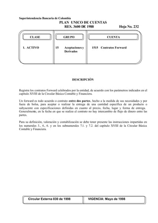 Superintendencia Bancaria de Colombia
PLAN UNICO DE CUENTAS
RES. 3600 DE 1988 Hoja No. 232
Circular Externa 030 de 1998 VIGENCIA: Mayo de 1998
CLASE GRUPO CUENTA
1. ACTIVO 15 Aceptaciones y 1515 Contratos Forward
Derivados
DESCRIPCIÓN
Registra los contratos Forward celebrados por la entidad, de acuerdo con los parámetros indicados en el
capítulo XVIII de la Circular Básica Contable y Financiera.
Un forward es todo acuerdo o contrato entre dos partes, hecho a la medida de sus necesidades y por
fuera de bolsa, para aceptar o realizar la entrega de una cantidad específica de un producto o
subyacente con especificaciones definidas en cuanto al precio, fecha, lugar y forma de entrega.
Generalmente, en la fecha en que se realiza el contrato no hay intercambio de flujo de dinero entre las
partes.
Para su definición, valoración y contabilización se debe tener presente las instrucciones impartidas en
los numerales 3., 4., 6. y en los subnumerales 7.1. y 7.2. del capítulo XVIII de la Circular Básica
Contable y Financiera.
 